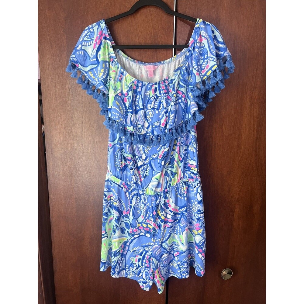 Lilly Pulitzer La Fortuna Blue Peri Pinch Romper Off The Shoulder Floral  M